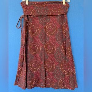 Patagonia Brown Wrap Skirt with Red and Orange Spiral Print